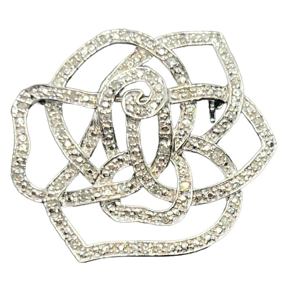 Sterling silver diamond rose flower brooch pin - Picture 2 of 14